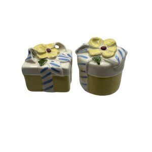 Hand-Painted Ceramic Gift Box Salt & Pepper Shakers With Yellow Floral Accents